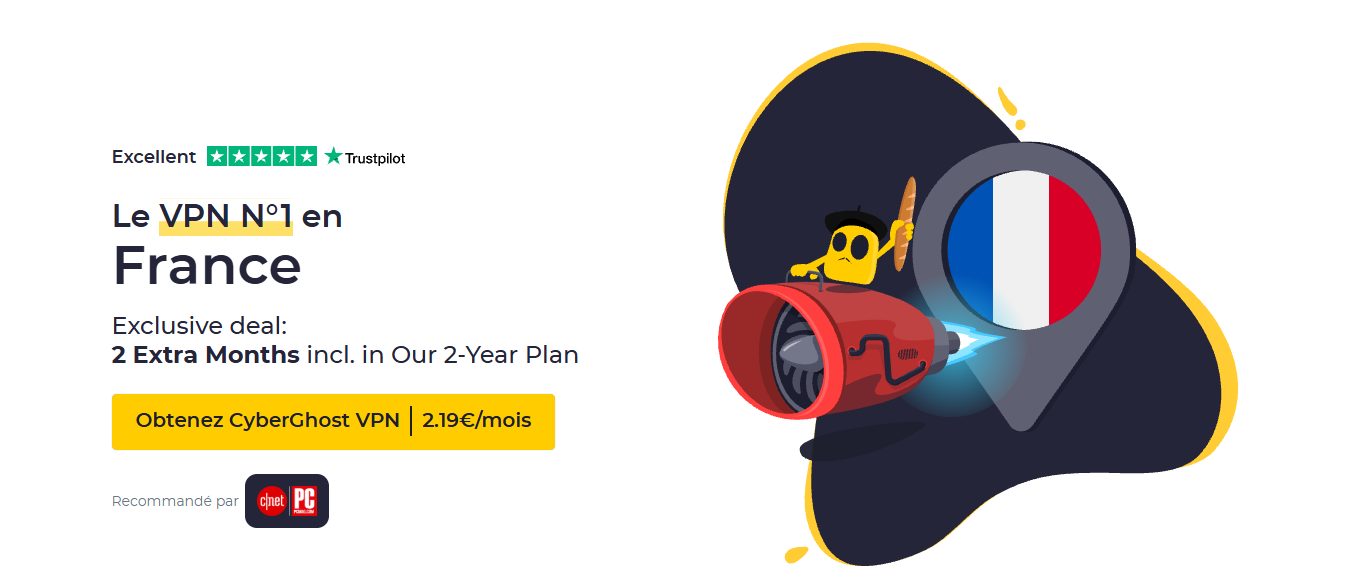 CyberGhost VPN France – offre 2 ans avec 2 mois supplémentaires dès 2,19 € par mois