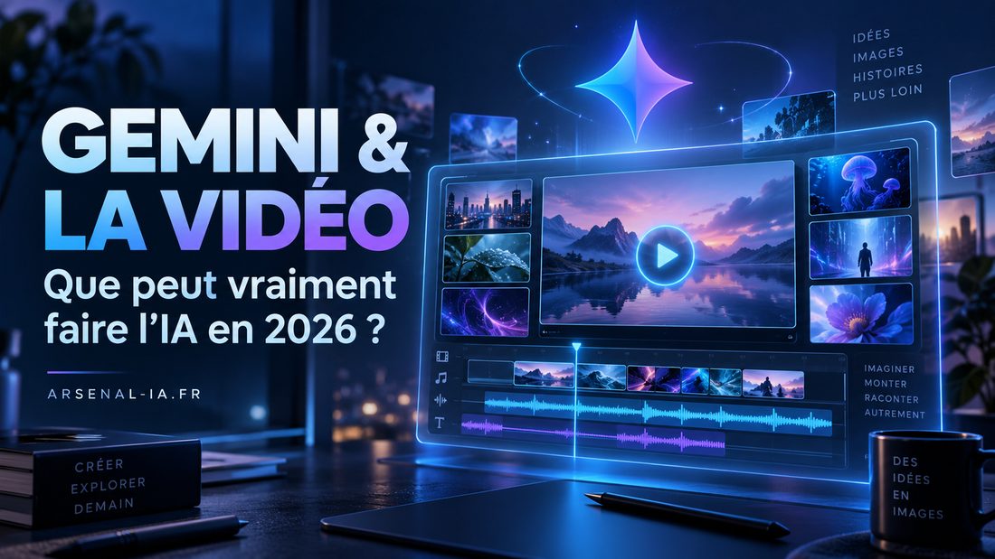 Gemini et la vidéo en 2026 : illustration de création vidéo aux couleurs bleu et violet