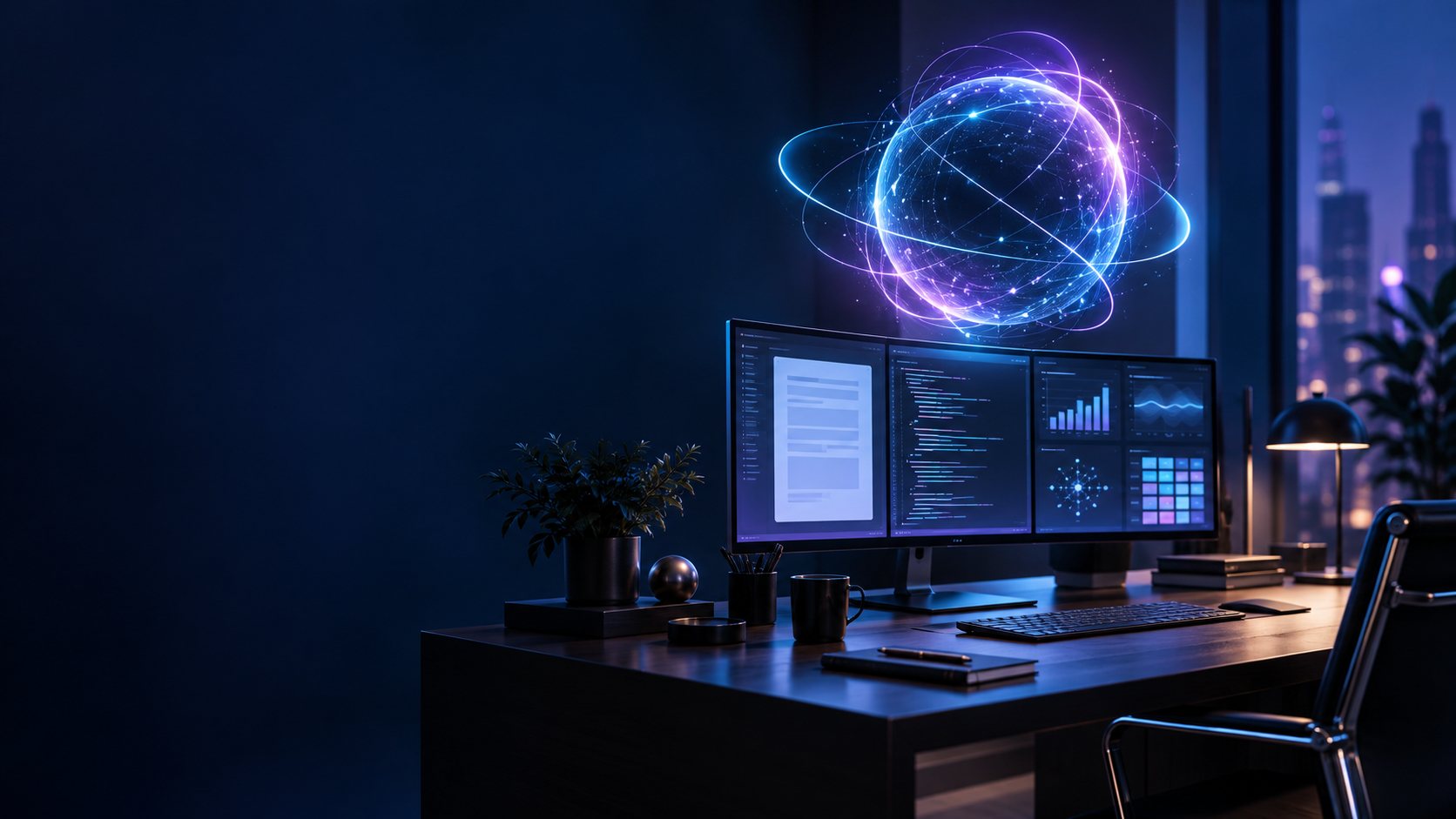 Illustration conceptuelle d’un bureau numérique, avec documents, code et sphère lumineuse symbolisant l’IA