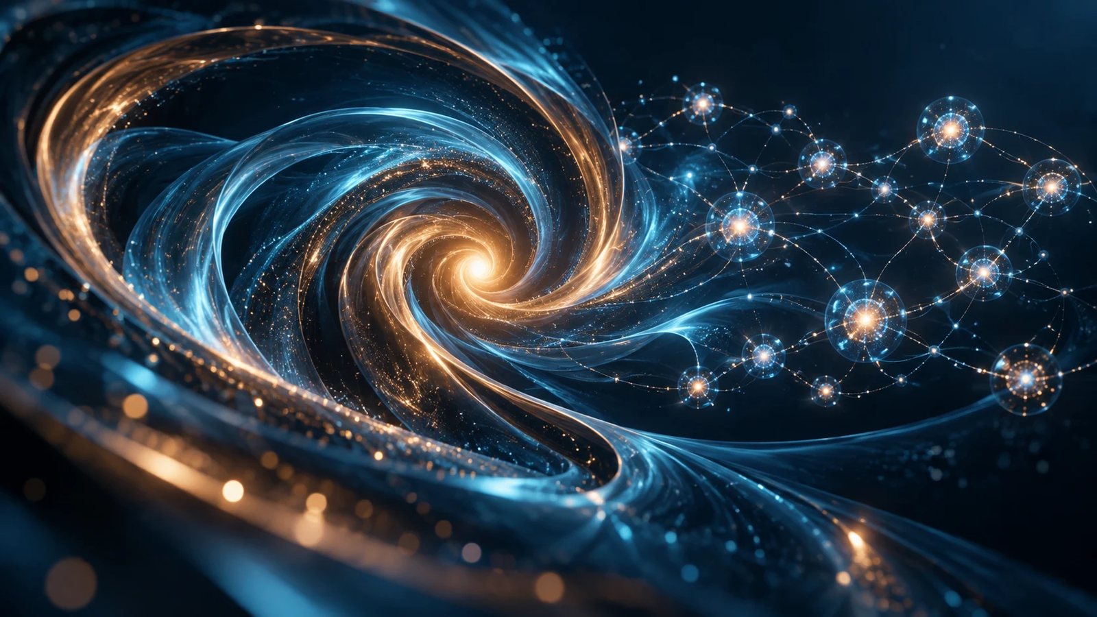 Illustration conceptuelle d’un vortex lumineux relié à un réseau évoquant des agents d’intelligence artificielle